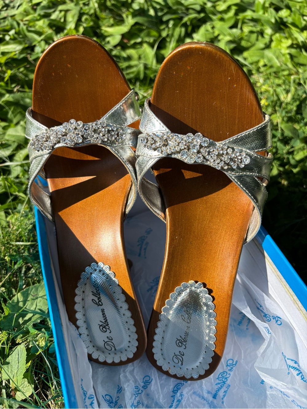 De Blossom Collection Silver Crystal-Embellished Slide Mules